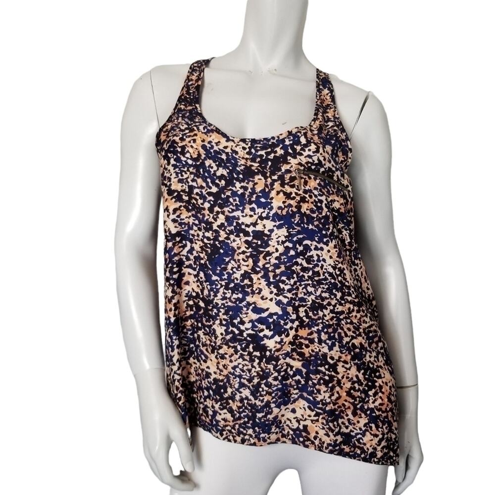 MNG Casual SZ XL Tank Top Racer Back Blue Pink Black Confetti Asymmetrical Hem